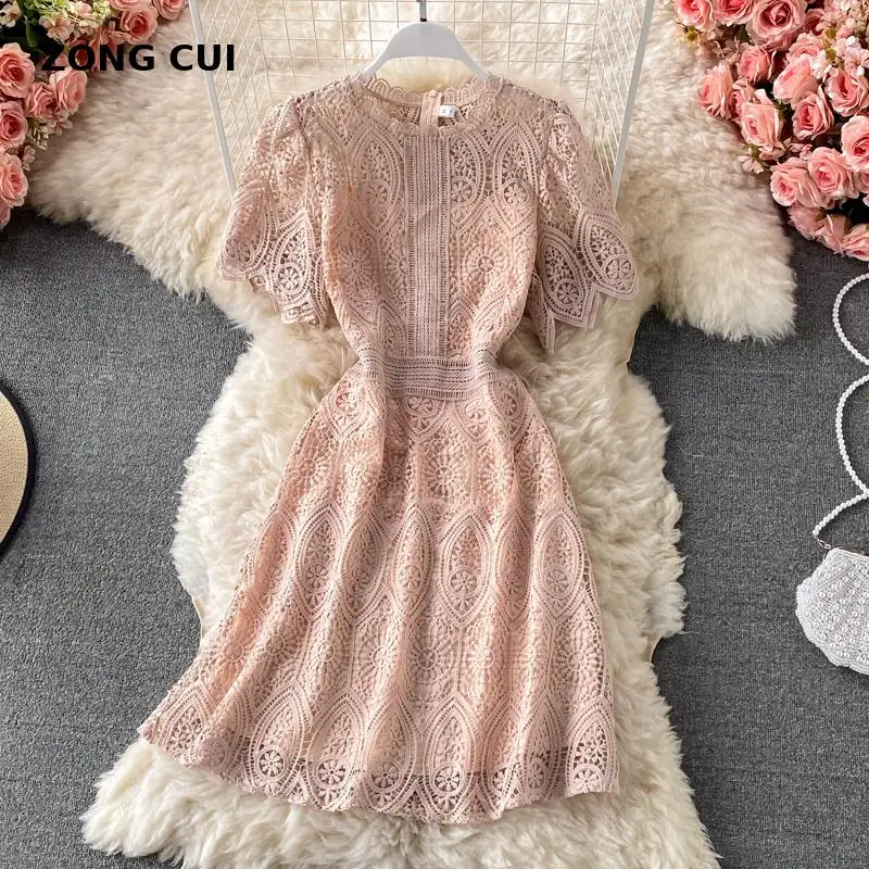 

Women elegant and chic lace hook flower hollow pink dress summer women short sleeve o-neck slim dress fashion party MIDI dress