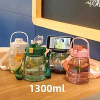 cute space cup creative kids water bottle with straw outdoor anti fall portable strap plastic drinking water cup phone holder