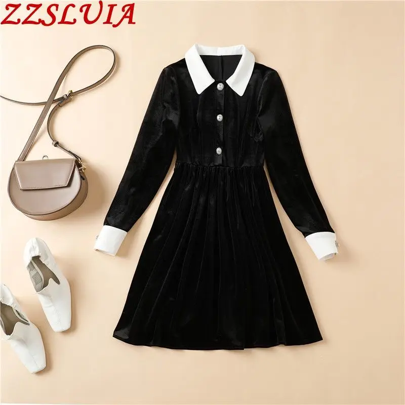 

Black Velvet Dresses For Women Turn Down Collar Long Sleeve Patchwork Designer Slim One Piece Ladies Vintage Clothing Female