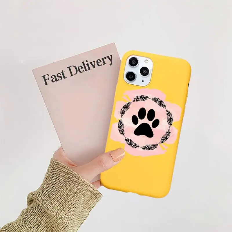 

Cat Dog Paw Animal Phone Case Candy Color Yellow for iPhone 11 12 pro XS MAX 8 7 6 6S Plus X 5S SE 2020 XR