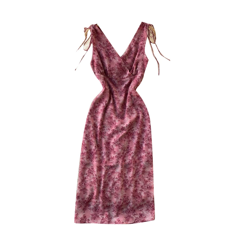

Women Sweet Floral Tank Dress Sexy Sleeveless V Neck Slim Dresses Summer French Bohemian Split Vacation Beach Sundress