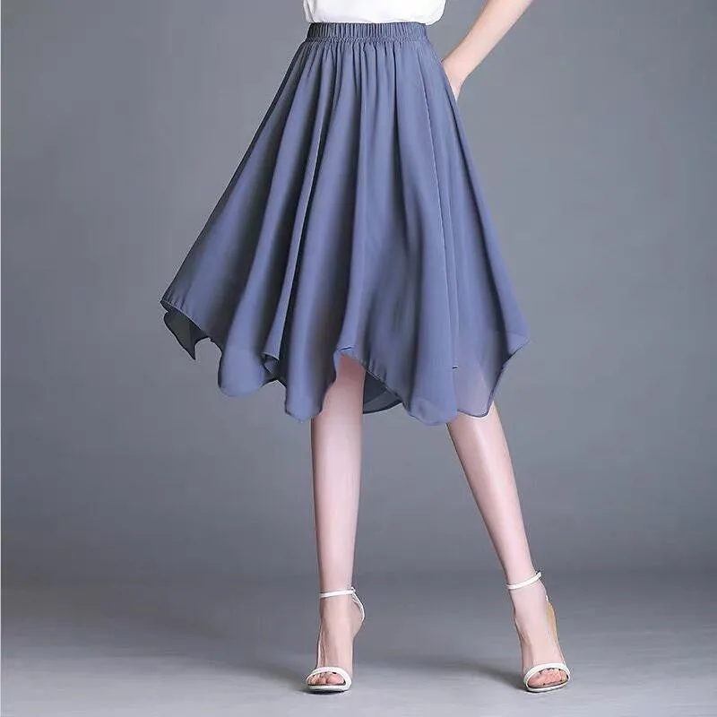 

10 Color 2021 Summer Women Irregular Chiffon Midi Skirts Vintage Elegant Party Skirts Office Skirts Black Red White