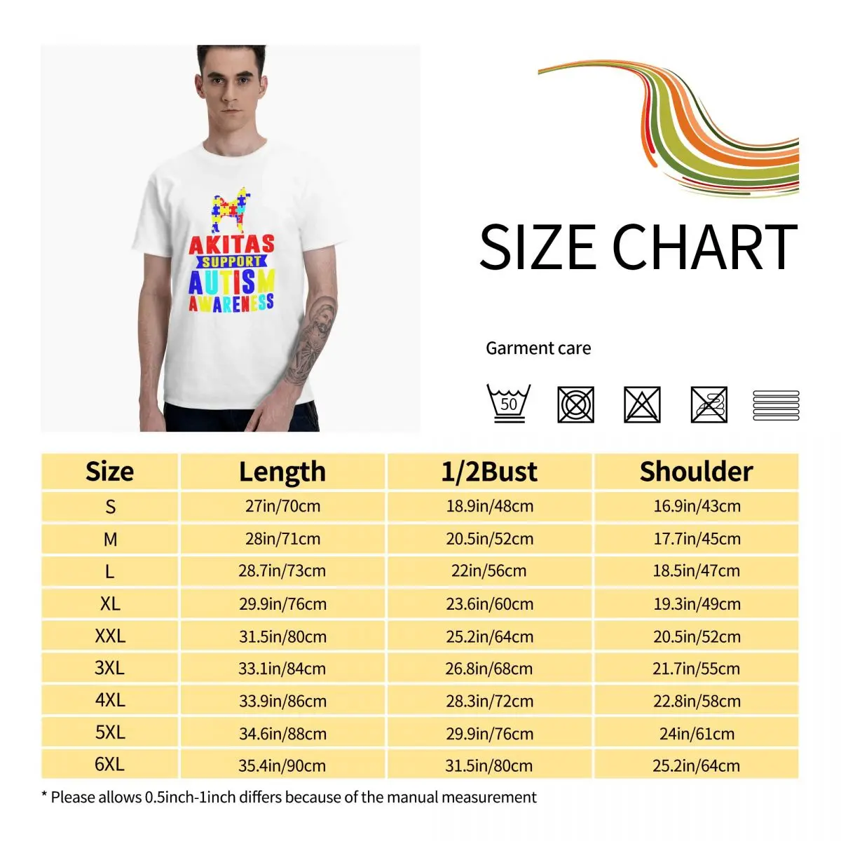 

Akitas Support Autism Awareness Graphic Tee Men's Basic Short Sleeve T-Shirt Funny Tops