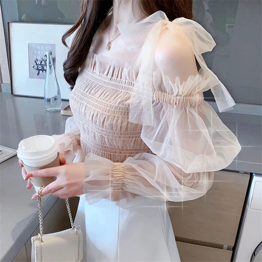 

Gowyimmes 2021 Новинка весны шифоновая блуза женская с открытыми плечами сетчатая Рубашка летнее тонкое платье для женщин с длинным рукавом блузк...