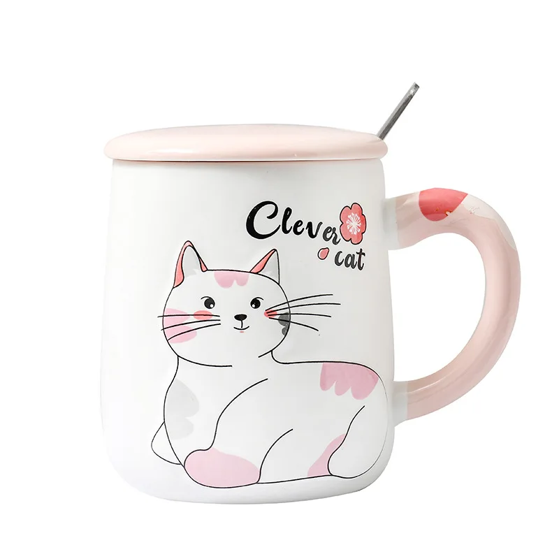 

Cute Cat Ceramic Mugs With Lid Cartoon Korean Style Water Bottle Tea Coffee Milk Breakfast Fresh Student Cup