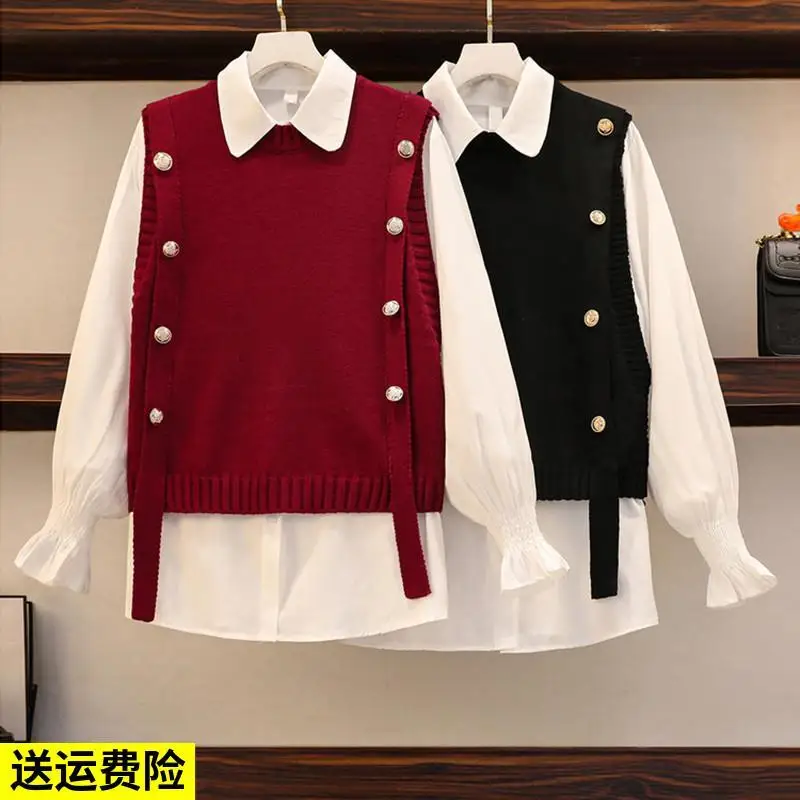 

Spring Skirts Sets 2021 New Large Size Womens Wear Western Style Age Reducing Thin Shirt Fat Sister Knitted Vest Two Piece Suit