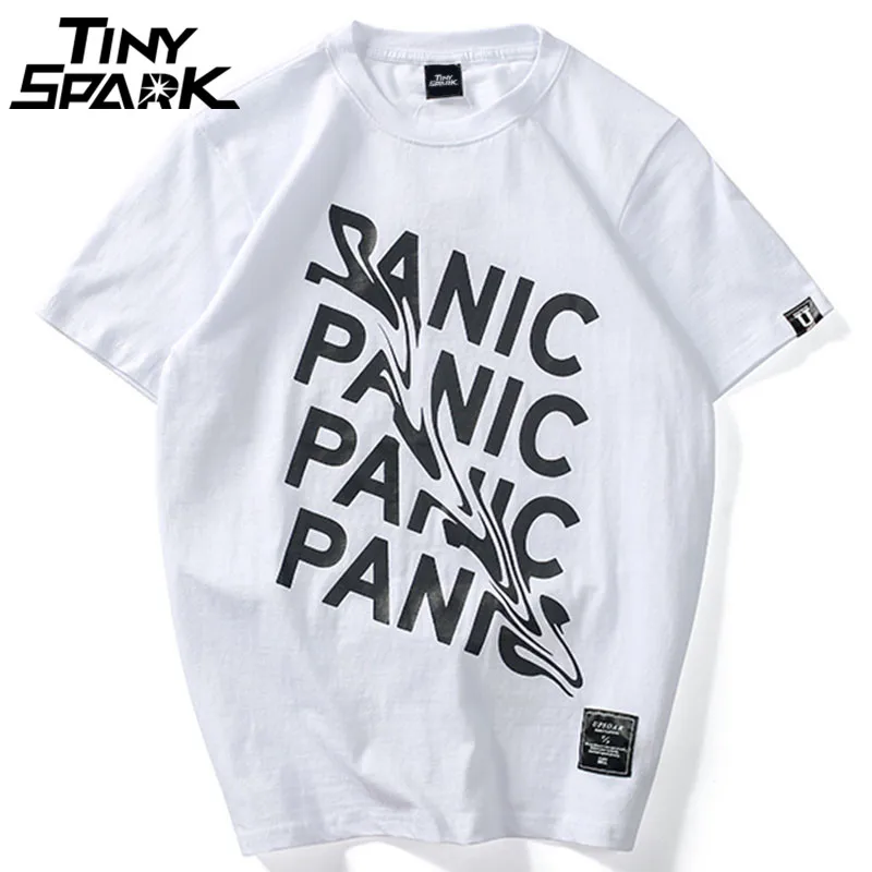 Летняя футболка с надписью Panic, забавная футболка с коротким рукавом в стиле хип-хоп, уличная одежда, повседневные футболки, хлопковые топы, новая мода