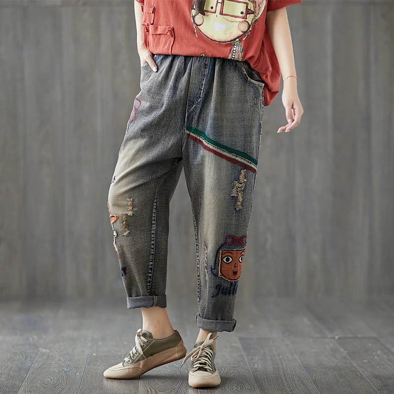 Модные женские джинсы в корейском арт стиле свободные винтажные джинсовые