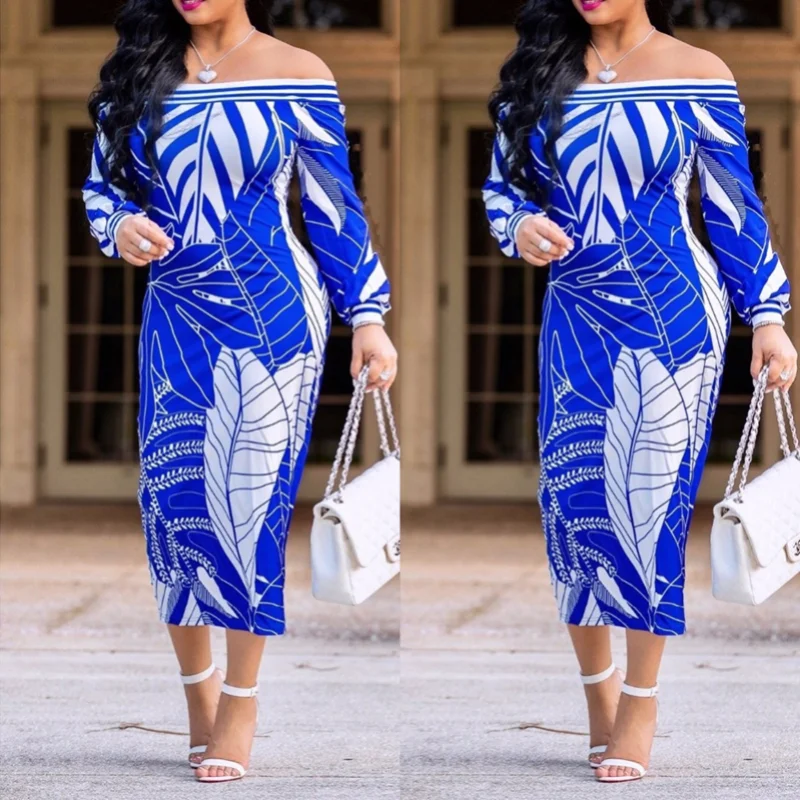 

off shoulder sexy S-5XL plus size leaf midi dresses summer spring bishop sleeve boho long dress female women long floral dress