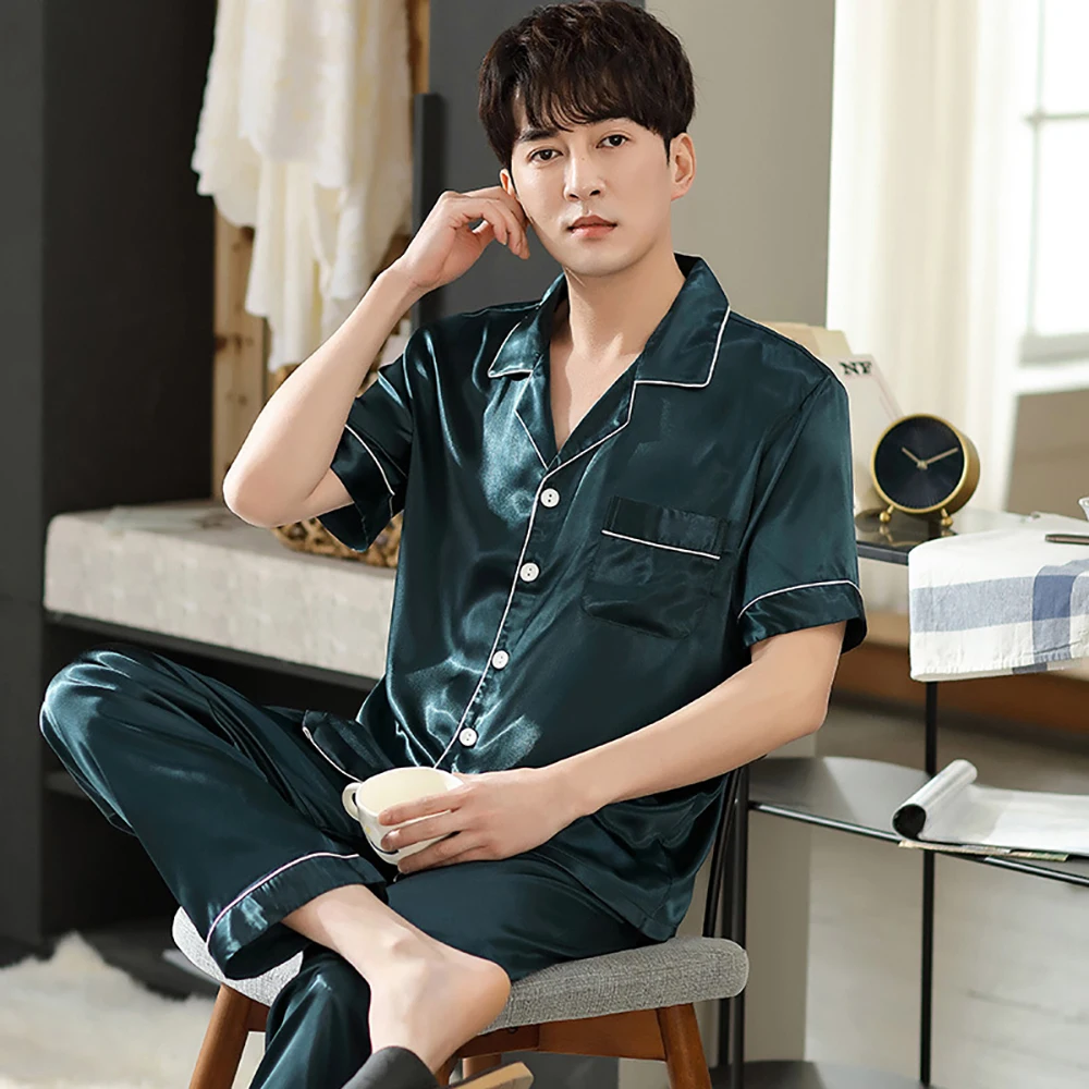 

Summer Satin Silk Pajama Sets High Quality Skin-friendly Men Pajama Fashion Striped Pajamas With Embroidery Pocket Pyjama Sets