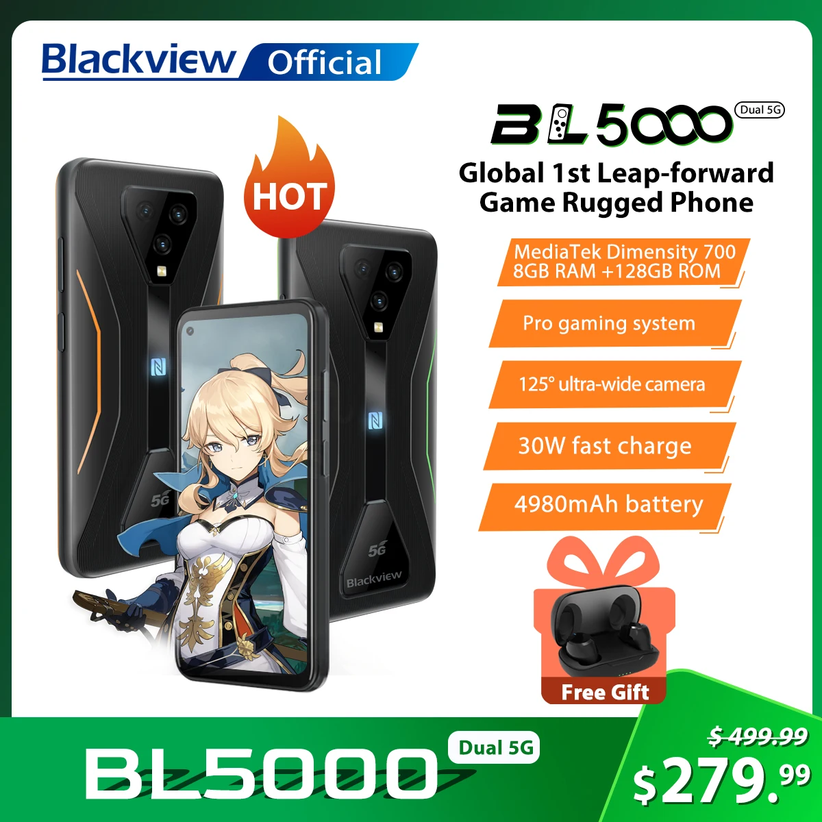 Blackview BL5000 Dual 5G Smartphone IP68 Waterproof 30W Fast Charge Rugged Gaming Phone 8GB+128GB 4980mAh Global Mobile Phone