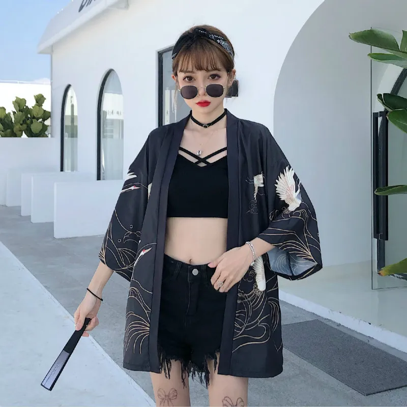 Летнее Новое кимоно в японском стиле Mujer Crane одежда для защиты от солнца свободная