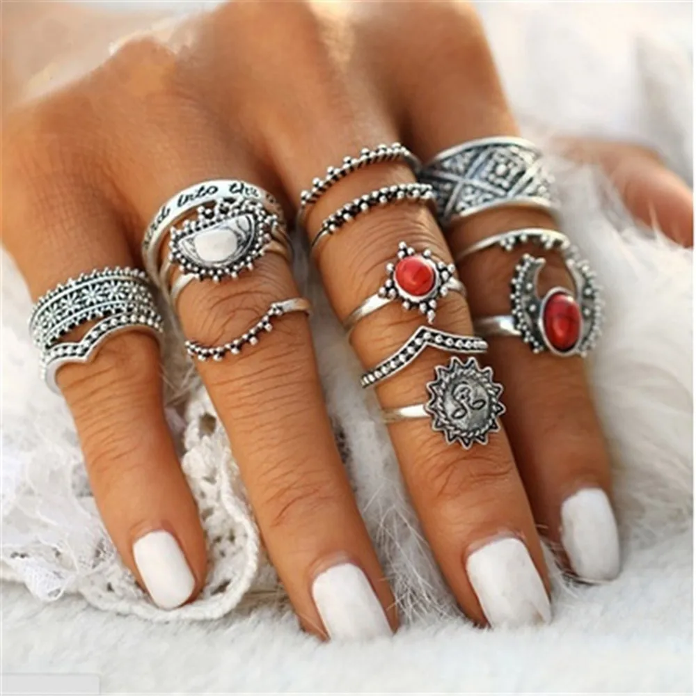 14pcs/Set Finger Rings Jewelry Wholesale Women Bohemian Vintage Silver Stack Above Knuckle Blue Set Beautiful #10 | Украшения и