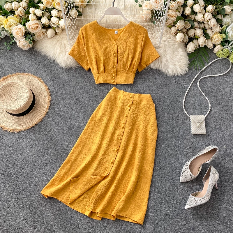 

YIZZHOY New Summer Women Suit Casual V Neck Single Breasted Crop Tops High Waist A-line Solid Color Skirt Two Piece Set