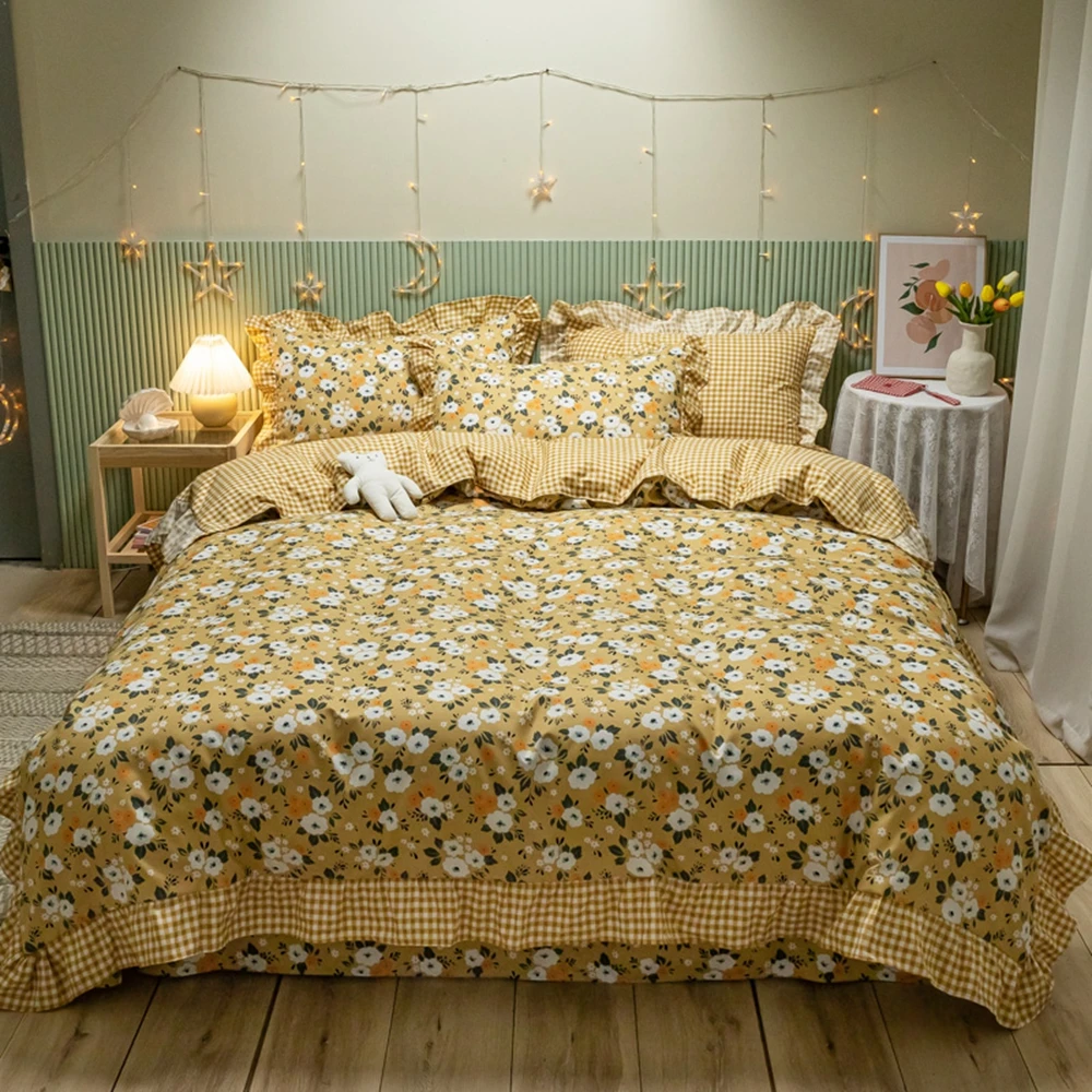 

Пасторальный комплекты постельного белья с цветами из кружева пододеяльник краем «лист лотоса», AB сбоку для дома один двуспальная кровать ...