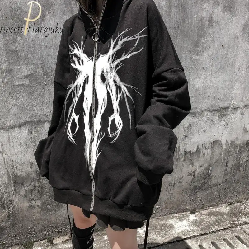 

Oversized Gothic Skull Print Street Zipper Hoodie Women 2021 New Y2k Loose Fashion Trend Hip Hop Harajuku Women Sweatshirt