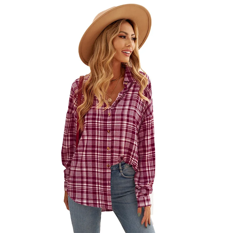 

Plaid shirt blouse women European and American spring and summer new style breasted long-sleeved casual women
