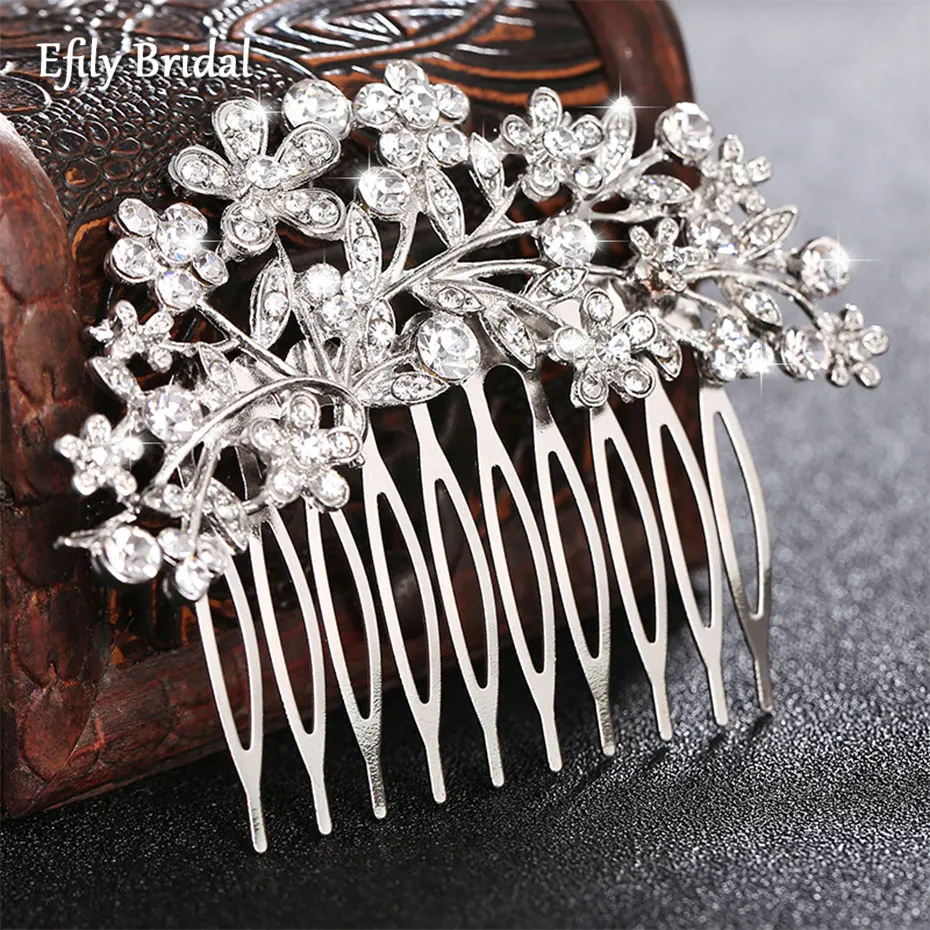 

Efily Silver Color Crystal Flower Bridal Hair Comb Clip Wedding Accessories Head Jewelry Bride Headdress Ornaments Bridesmaid