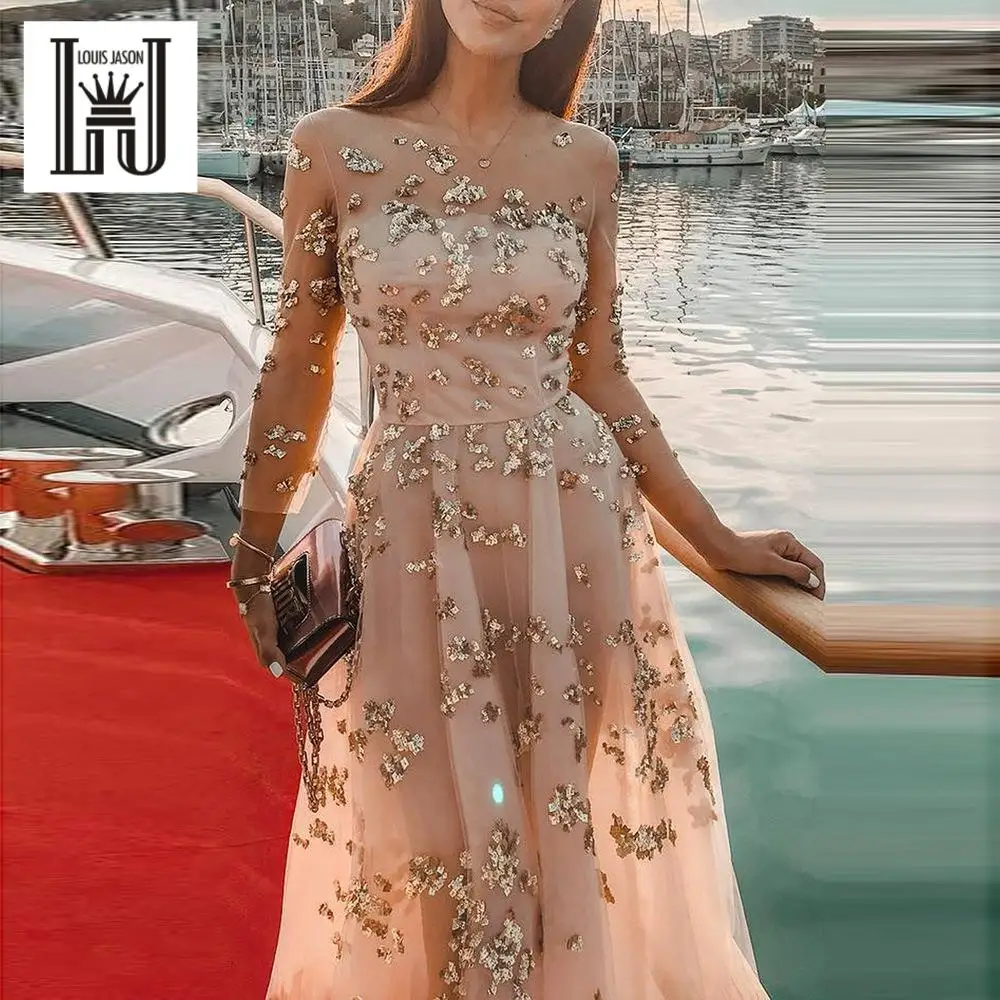 Луи Джейсон женское платье хит с блестками перспективное из тюля круглый