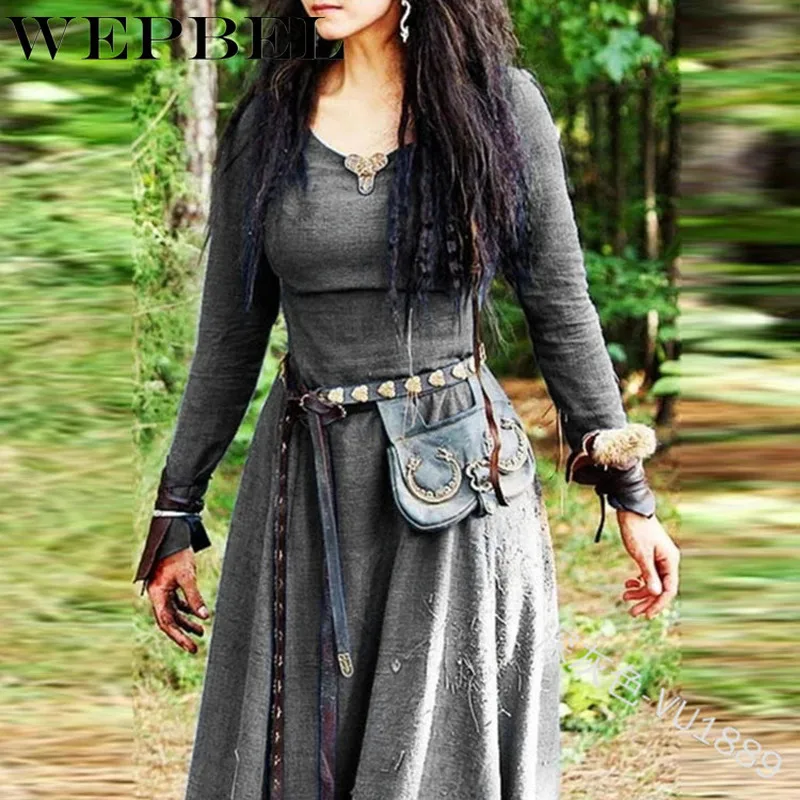 

WEPBEL Women Medieval Long Sleeve Fairy Elven Dress Renaissance Celtic Maxi Dress Robe Vintage Viking Clothing Fantasy Ball Gown