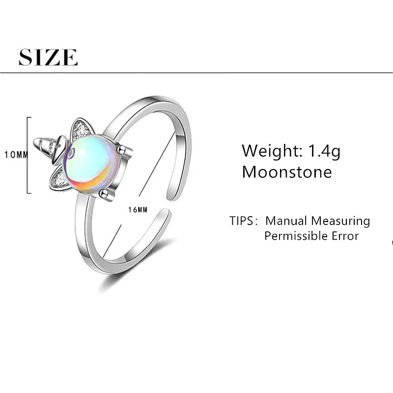 Женские кольца с лунным камнем открытые из стерлингового серебра единорогом