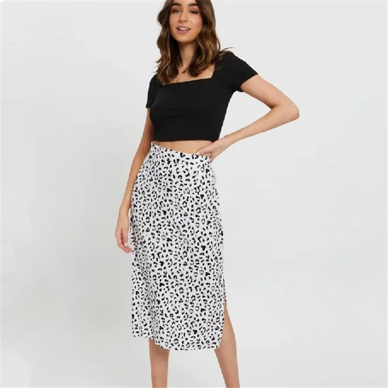 

Юбка-миди женская с разрезом, Повседневная Свободная трапециевидная юбка с леопардовым принтом, с завышенной талией, модная уличная одежда,...