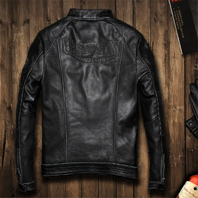 Мужская байкерская куртка из натуральной кожи черная винтажная приталенная