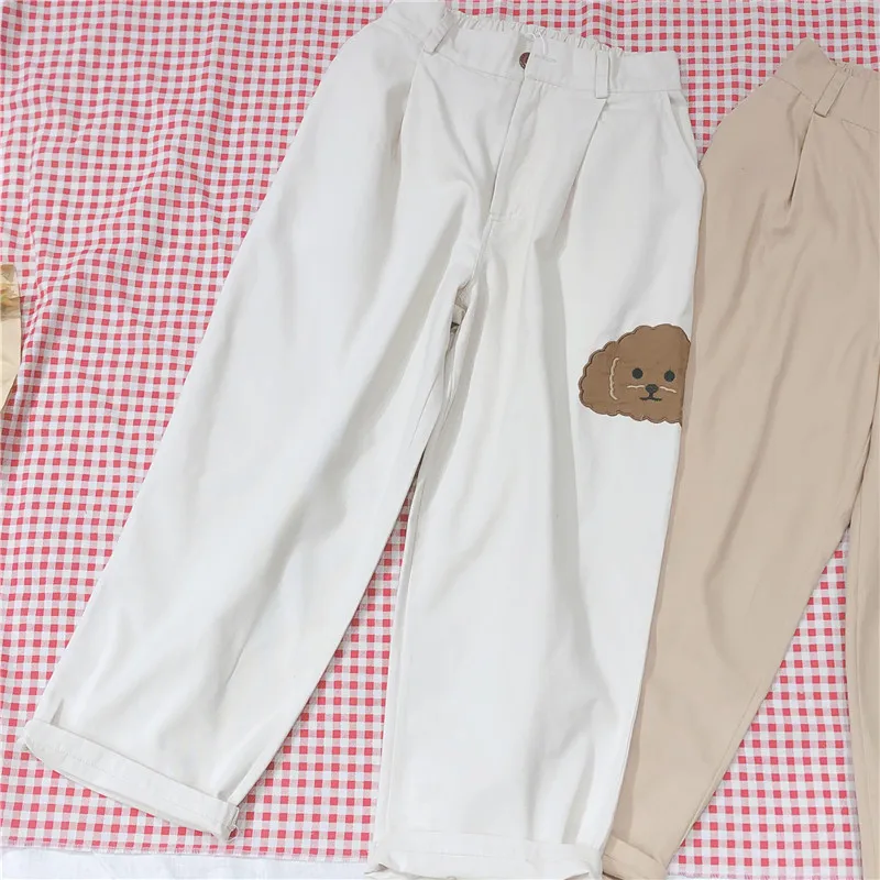 

Japanese Harajuku Cartoon Dog Embroidery Cute Wide leg pants Teen Girls Student Loose Straight pants Wild Casual Pants Mori Girl