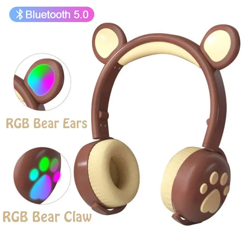 

Cute Little Bear wireless Headphones Bluetooth 5.0 Bass Noise Cancellation Child Girl Auriculares RGB controlable casco with Mic