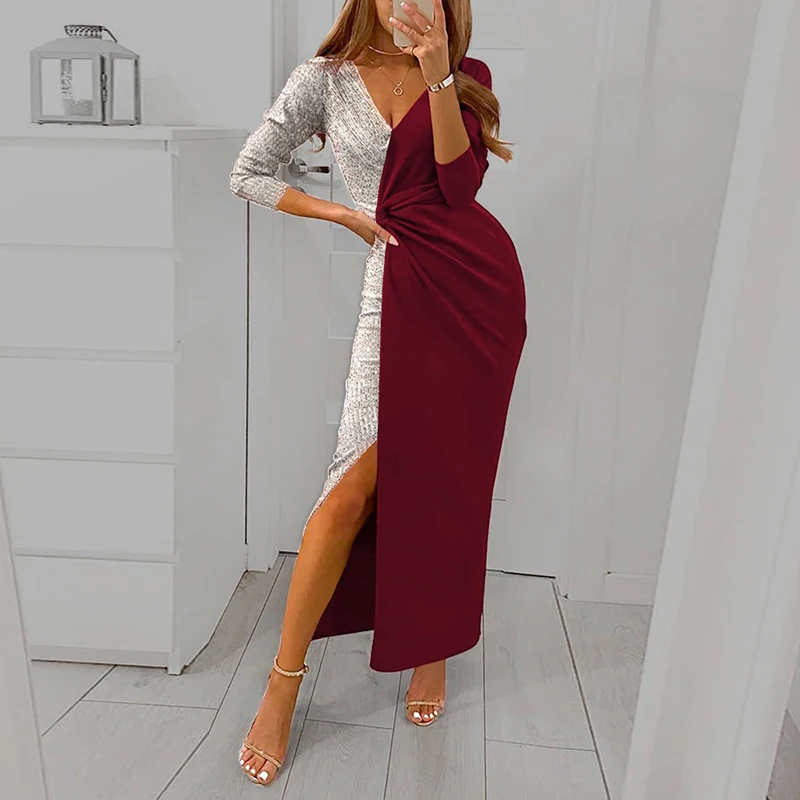 

Spring Autumn V Neck Patchwork Side Slit Dress Elegant Women Slim Long Sleeve Maxi Dress New Femme Waist Chic Party Club Dress