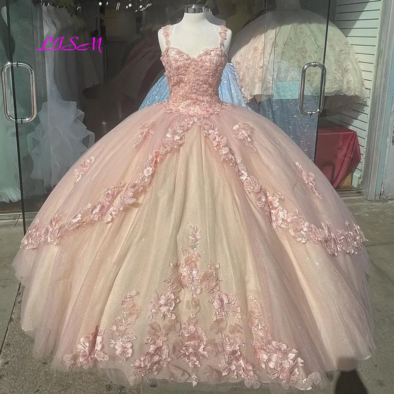 

Blush Pink Sparkly Quinceanera Prom Dresses 2021 Off Shoulder Sequins Ball Gown Tulle Party Sweet 16 Dress Quinceañera Anos