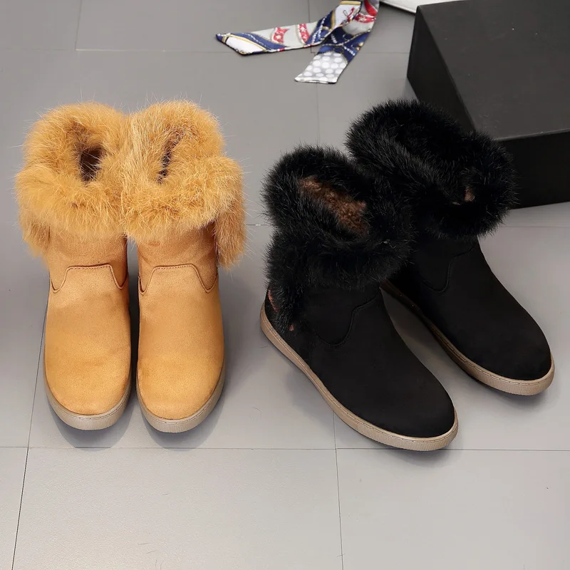 Rabbit Hair snow boots women brown slip on chelsea cotton botas winter warm plush fur shoes ladies booties mid-tube flat botines | Обувь