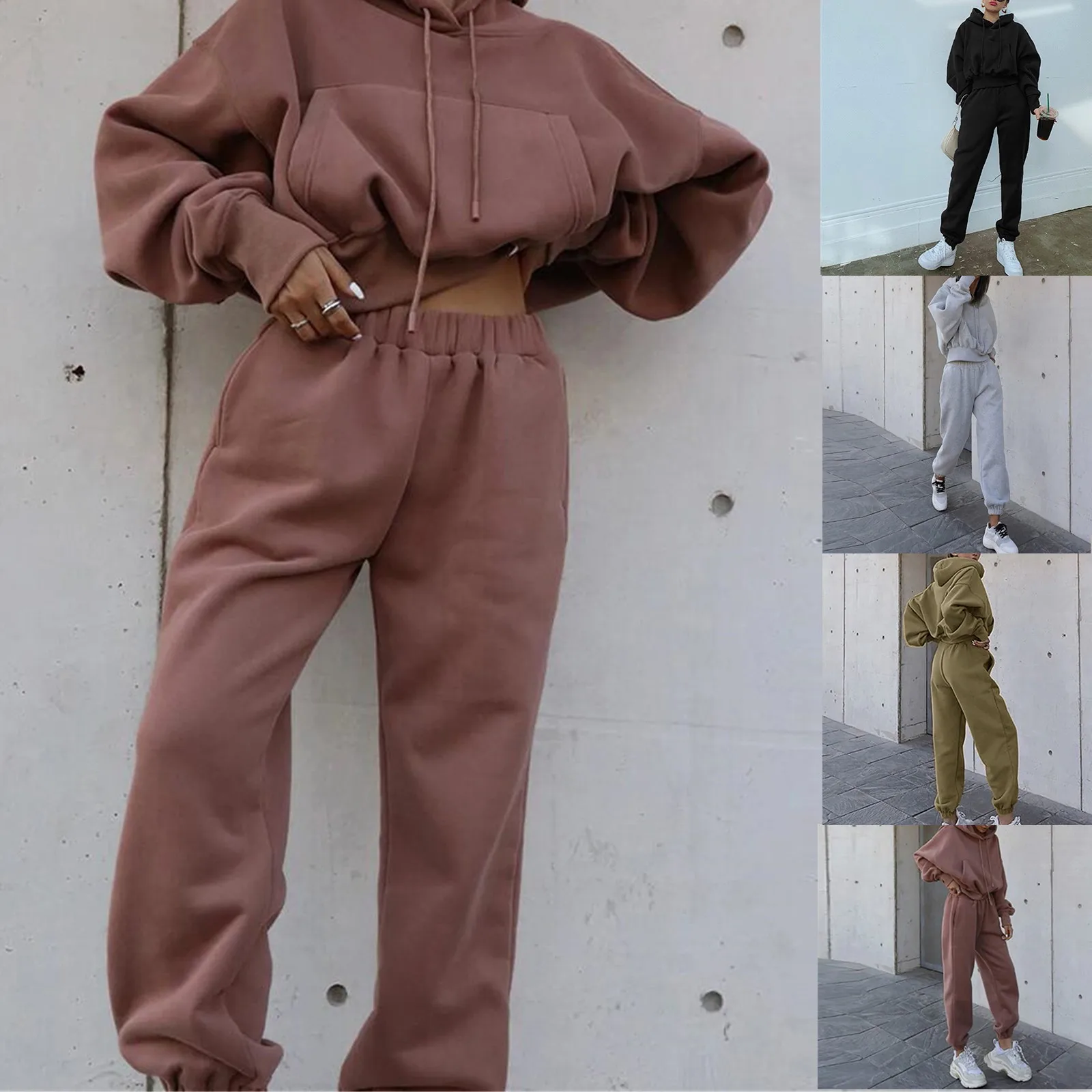 

2021 Women's Casual Solid Color Long Sleeved Hoodie Trousers Sweatershirt Sports Suit Fashion Streetwear Women's Tracksuit