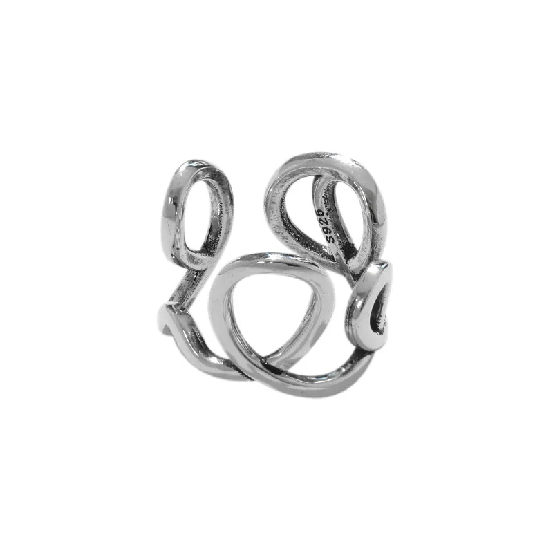 

Vintage S925 sterling silver open ring Minimalist Hollow geometric wave Irregular Ring Twist Chain Women Hip Hop Jewelry