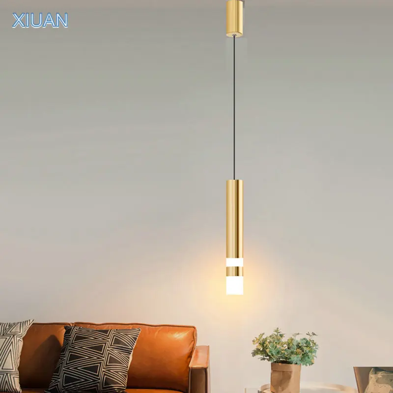 Lámpara colgante dorada de arte moderno para iluminación de noche para dormitorio, Cable largo de CA de 220V, barra de luz colgante LED, accesorio de cocina