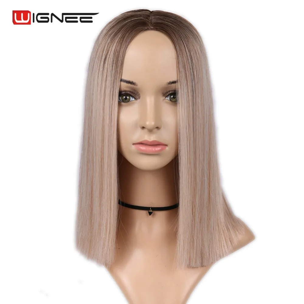 Wignee 2 тона Омбре коричневый пепельный блонд синтетический парик для женщин средняя часть короткие прямые волосы высокая температура косплей волосы парики