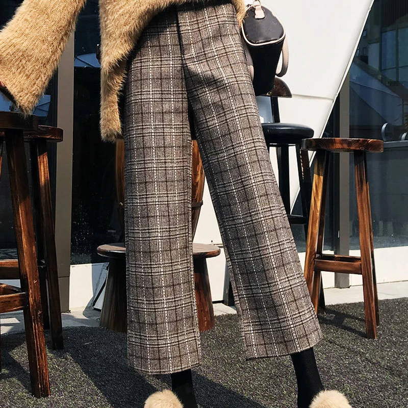 

HStar Autumn Winter Woolen Plaid Female Pants Women Elastic High Waist Pant Plus Size Harajuku Wide Leg Lady Trousers
