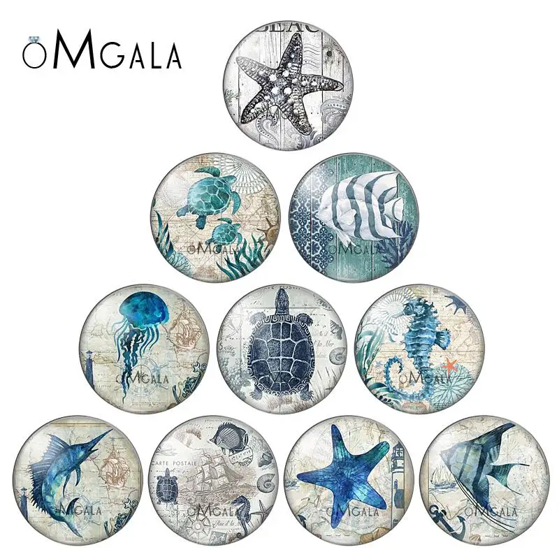 

Vintage Sea Starfish Turtle Image 10pcs mixed 12mm/14mm/16mm/18mm/20mm/25mm Round photo glass cabochon flat back Making findings