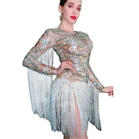 sparkling rhinestones pattern long sleeve o neck tassel bodysuits stage costumes for women nightclub costumes stage outfit