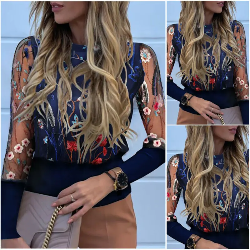 Женская блузка с вышивкой и рукавами фонариками из прозрачной сетки Осенняя