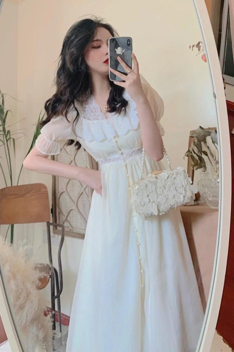 

Summer Dress French Retro Lace Pearl Dress Goddess Temperament Show Thin First Love Skirt Fairy Elegant Mid Long Dress