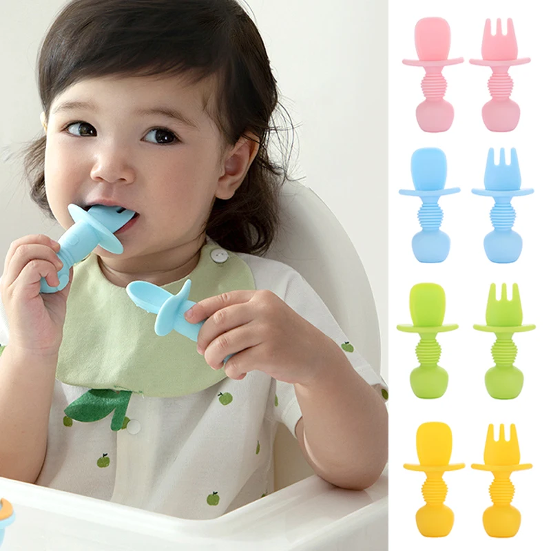 

Soft Silicone Baby Tableware Self Feeding Spoon Fork Kids Baby Easy Grip Cutlery Sets Children Short Handle Non-Slip Utensils