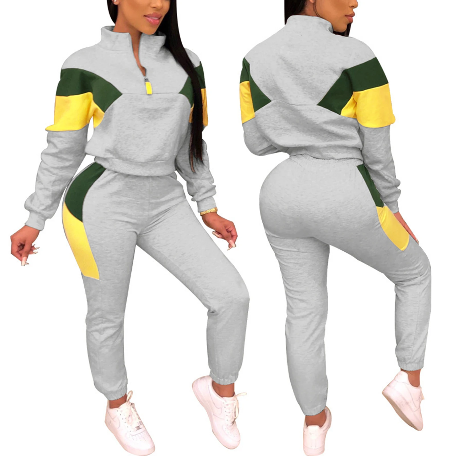 

2 Pcs Women Color Block Outfits, Adults Casual Style Long Sleeve Stand Collar Pullover + Trousers