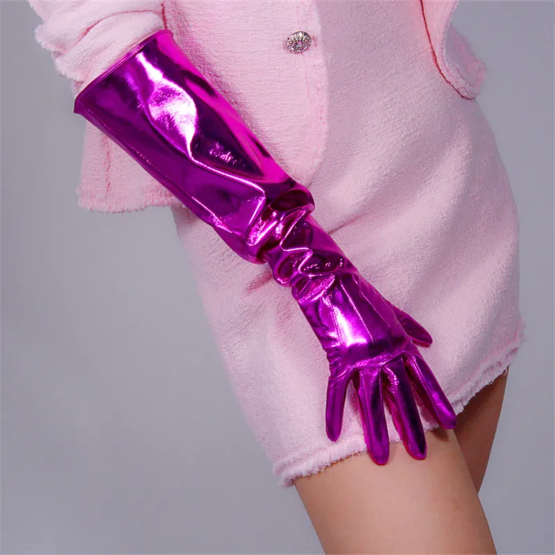 

Длинные лакированные кожаные перчатки 50 см, женские перчатки с большими рукавами-фонариками из искусственной кожи ярко-розово-красного цве...