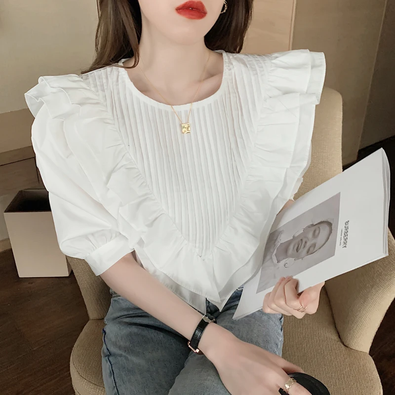 

Korean Style Summer Short Sleeve Blouse Women Fashion Ruffle White Tops Patchwork O-neck Pleated Shirt Female