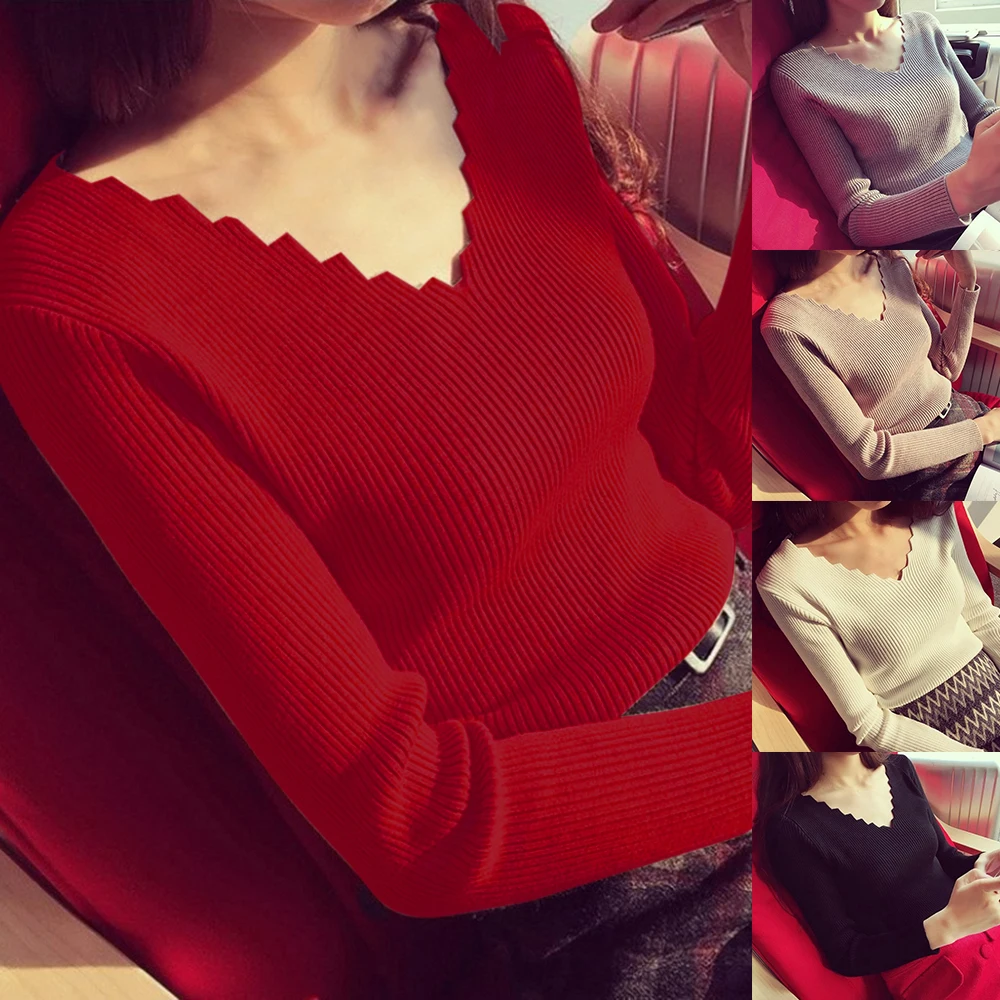 Женский сексуальный вязаный свитер с v-образным вырезом 2019 модный осенний зимний