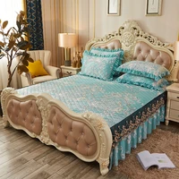 printed floral quilted bed cover king queen embroidery lace bedspread velvet bedskirt single double soft elastic sheets