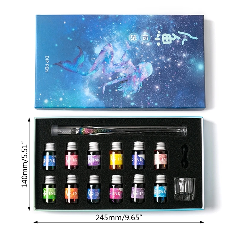 

Crystal Glass Pen Starry Sky Dip Pen Glitter Powder Fountain Pen 12 Colors Ink Gift Box Set Writing Supplies