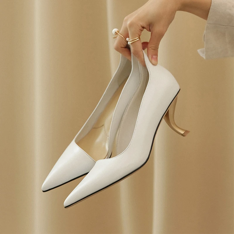 

ISNOM S Heels Sexy Special Leather High Heels Women Pointed Toe bending Heels Strange Shoes Women 2020