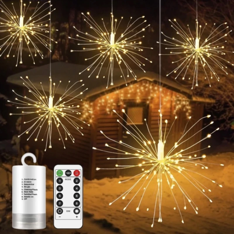 

200 LED Firework String Lights 8 Mode Explosion Star Copper Silver Wire Fairy Light Decoration Lamp Remote Control String Light